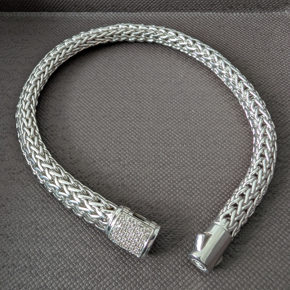 John Hardy Silver Pavé Diamond Woven Bracelet - Medium